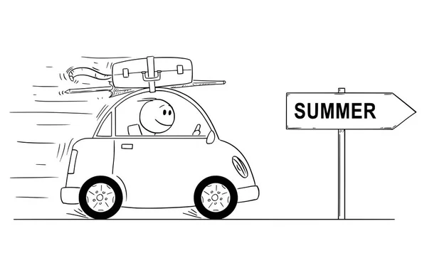 Caricature de l'homme souriant en petite voiture en vacances ou en vacances. Flèche signe avec texte d'été . — Image vectorielle
