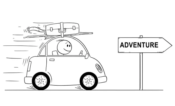 Dibujos animados del hombre sonriente que va en coche pequeño en vacaciones o vacaciones. Señal de flecha con texto de aventura . — Vector de stock