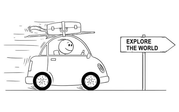 Karikatura usmívající se muž v malém autě děje dovolené nebo dovolené. Šipkový ukazatel s prozkoumat svět Text. — Stockový vektor