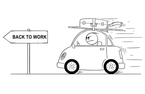 Caricature d'un homme malheureux ou en colère revenant ou revenant dans une petite voiture de vacances ou de vacances. Flèche signe avec retour au travail Texte . — Image vectorielle