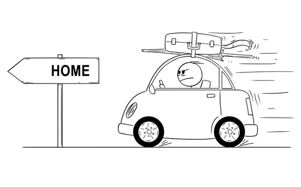Caricature d'un homme malheureux ou en colère revenant ou revenant dans une petite voiture de vacances ou de vacances. Flèche signe avec texte à la maison . — Image vectorielle