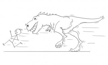 Adam ya da canavar Tyrannosaurus veya dinozor Godzilla yaratık uzak çalışan işadamları çizgi film