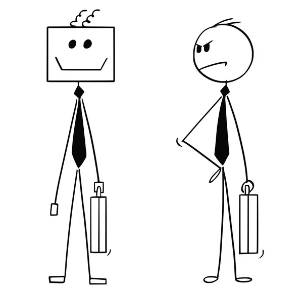 Caricatura del hombre de negocios que mira infeliz a su Robótica Inteligencia Artificial o AI Robot Colega o Reemplazo — Vector de stock