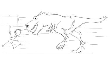 Adam ya da canavar Tyrannosaurus veya dinozor Godzilla yaratık uzak çalışan işadamları çizgi film