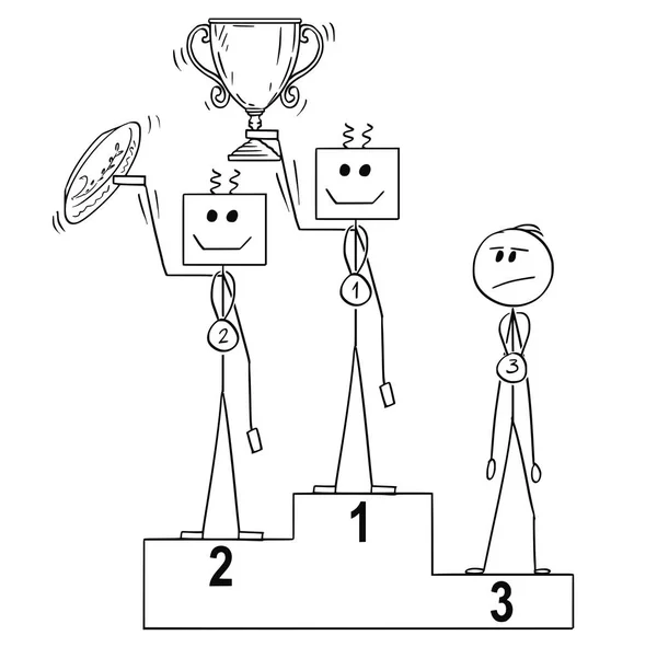 Caricature de trois gagnants sur Podium, First et Seconds Are Robots. L'humain est troisième . — Image vectorielle