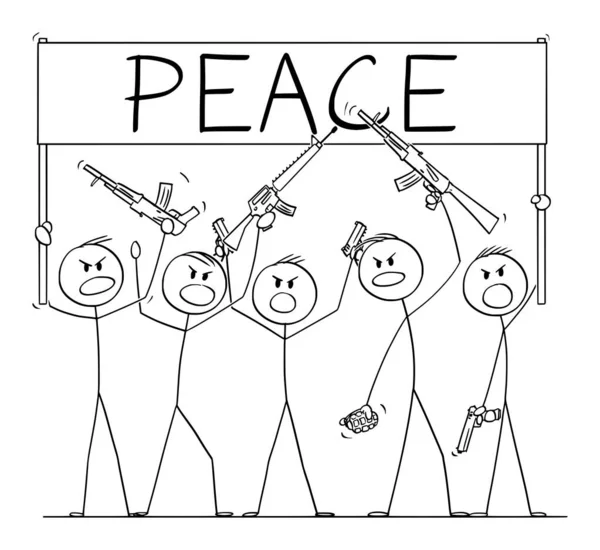 Wektor Cartoon Ilustracja grupy żołnierzy lub uzbrojonych ludzi z pistoletów demonstrujących lub Brandish z pistoletów i karabinów trzymających znak pokoju — Wektor stockowy