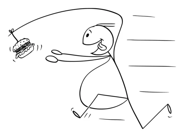 太った太りすぎの男のベクトル漫画のイラスト彼の背中に添付釣竿に不健康な食品バーガーを追いかける — ストックベクタ
