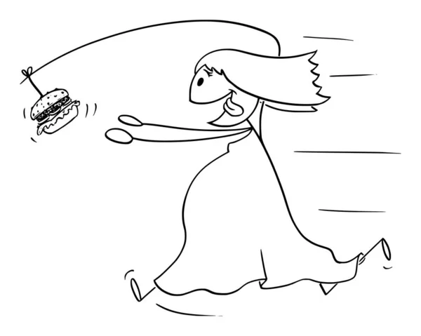 Vector ilustración de dibujos animados de la mujer gorda con sobrepeso persiguiendo hamburguesa de alimentos poco saludables en la caña de pescar adjunta a su espalda — Archivo Imágenes Vectoriales