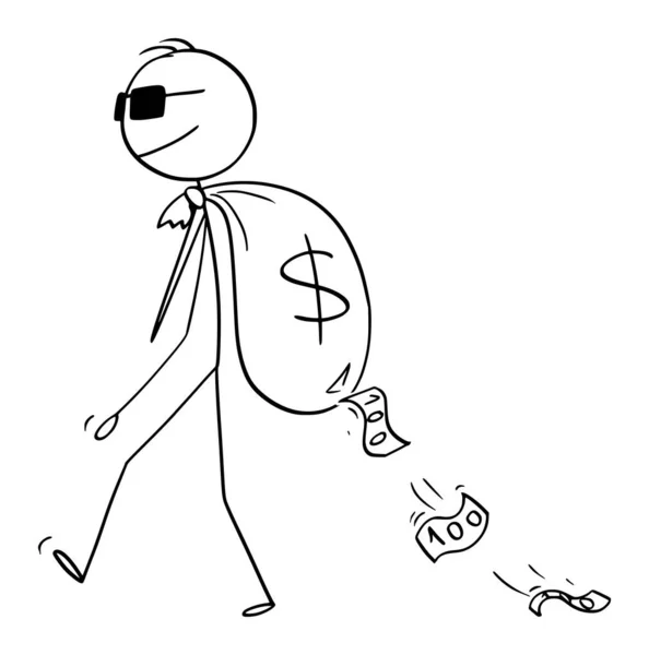 Vector Cartoon Illustration of Man, Criminal or Secret Agent or Businessman Carrying Big Money Bag with Dollar Symbol — Stock Vector