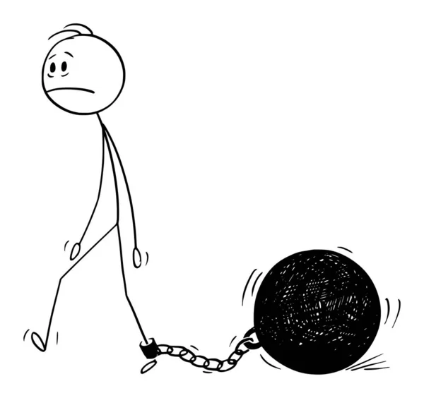 Ilustración de dibujos animados vectoriales del hombre o del hombre de negocios caminando con una gran bola de hierro encadenada a su pierna — Vector de stock