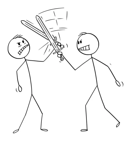 Vector Cartoon Illustration of Two Men or Businessmen Fighting with Swords or Fencing. Stock Vector
