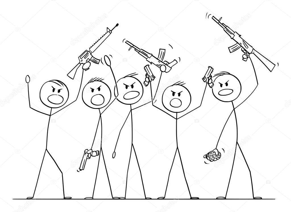 Vector Cartoon Illustration of Group of Soldiers or Armed People with Guns Demonstrating or Brandish with Pistols and Rifles