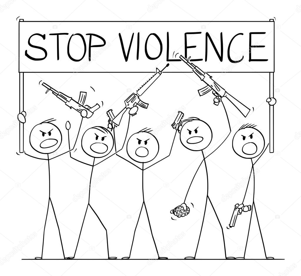 Vector Cartoon Illustration of Group of Soldiers or Armed People with Guns Demonstrating or Brandish with Pistols and Rifles Holding Stop Violence Sign