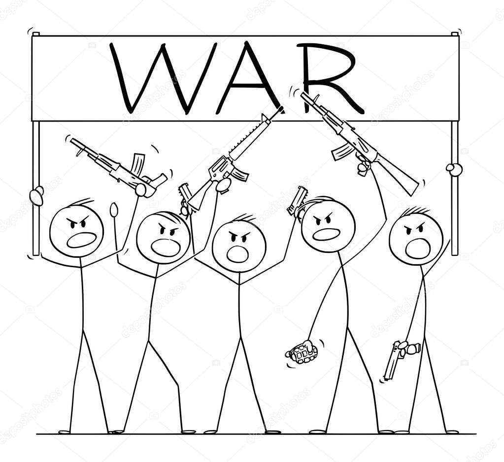 Vector Cartoon Illustration of Group of Soldiers or Armed People with Guns Demonstrating or Brandish with Pistols and Rifles Holding War Sign