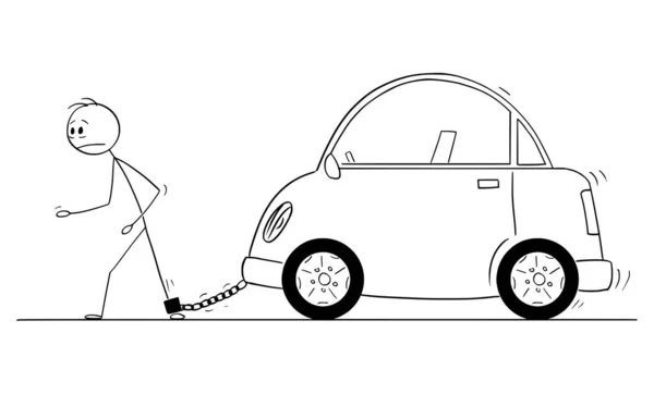 차에 묶여 있는 사람을 그린 벡터 만화입니다. 자동차나 자동차 비용의 개념. — 스톡 벡터