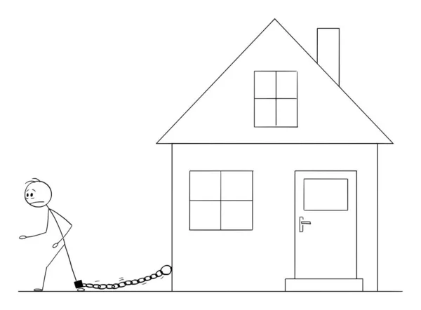 Vector Cartoon Illustration of Man Chained to His Family House (dalam bahasa Inggris). Konsep Perumahan atau Biaya Hipotek . - Stok Vektor