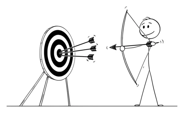 Vektorové kreslené ilustrace úspěšného muže nebo podnikatele střílející šíp na cíl s lukem. Koncept ukazování na cíl nebo úspěch — Stockový vektor