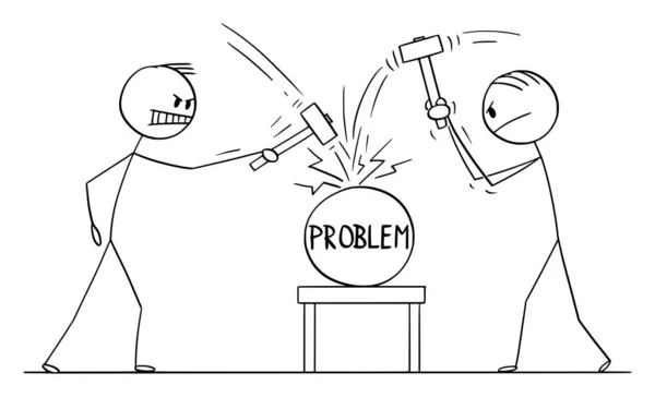 Ilustración de dibujos animados vectoriales de dos hombres, trabajadores o empresarios que golpean el problema con martillos. Concepto de Resolución de Problemas . — Vector de stock