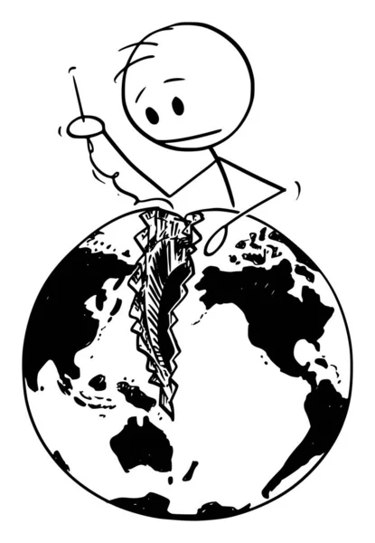 Vector Cartoon Illustration of Man Sewing the Broken or Divided Earth or Globe or World (em inglês). Conceito de pacificação e reconciliação das nações atlânticas —  Vetores de Stock