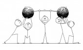 Vector Cartoon Illustration of Confident Man or Businessman Lifting Heavy Weight, Team or Colleagues Are Helping Him