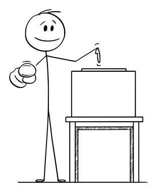 Seçmen ya da Seçmen 'i ve Seçimlerde Oy Vermek İçin Oy Kutusunu Gösteren Erkek Çizgi Filminin Vektör Çizimi