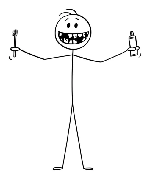 Vektorové kreslené ilustrace usmívajícího se muže ukazujícího své špatné zuby a držícího kartáček na zuby nebo kartáček na zuby a pastu na zuby v rukách — Stockový vektor