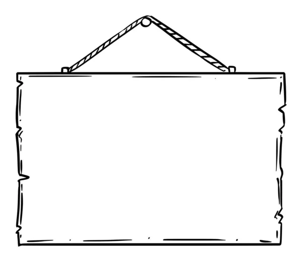 Dibujo de Doodle vectorial de tablero de letrero de madera vacío o en blanco en la cuerda — Vector de stock