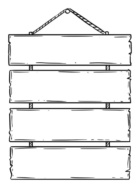 Desenho de Doodle vetorial de quatro placas de sinal de madeira vazias ou em branco na corda —  Vetores de Stock