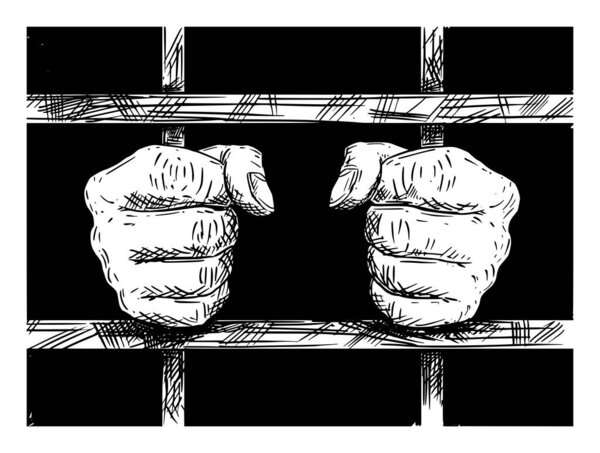 Vector Artistic Drawing of Hands of Prisoner in Prison Cell Holding Iron Bars.