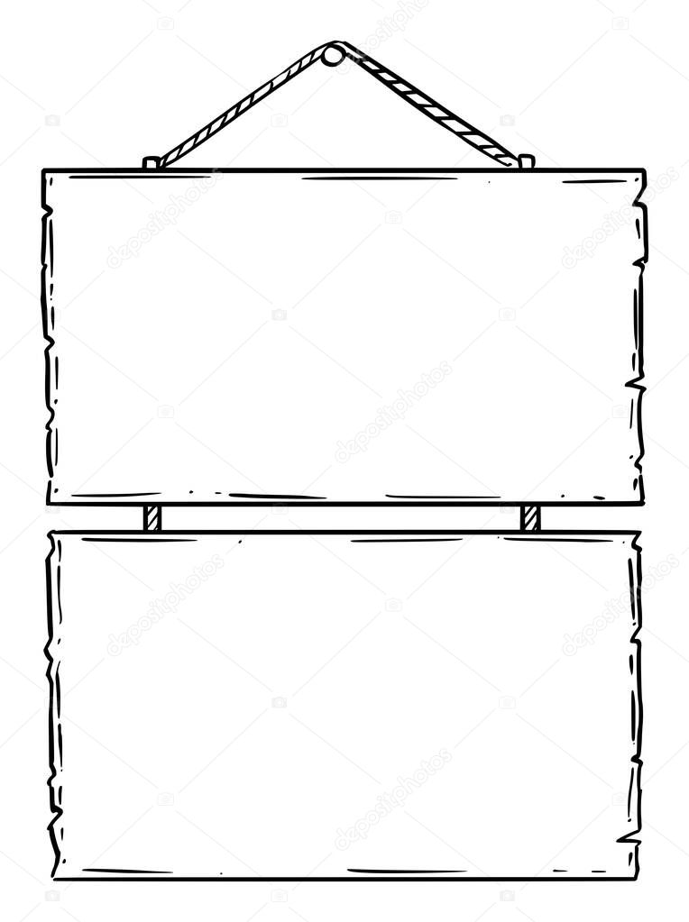 Vector Doodle Drawing of Two Empty or Blank Wooden Sign Boards on Rope