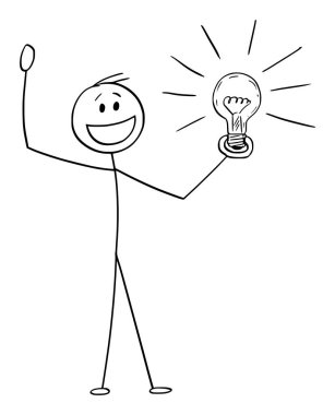 Vector Cartoon Illustration of Celebrating Creative Man or Businessman with Idea or Solution Holding Shining Light Bulb