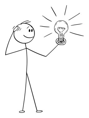 Vector Cartoon Illustration of Thinking Man or Businessman Watching Shining Light Bulb in His hand