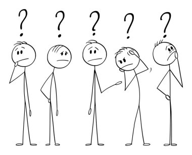 Vector Cartoon Illustration of Five Men or Businessmen Thinking Hard About Problem. Brainstorming Concept