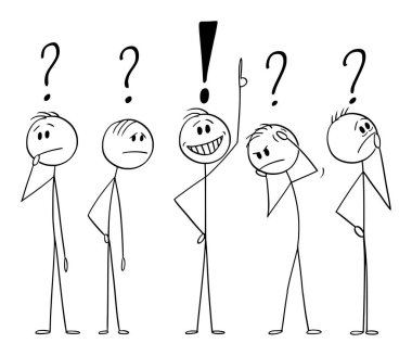 Vector Cartoon Illustration of Five Men or Businessmen Thinking Hard About Problem. Solution Found. Brainstorming Concept