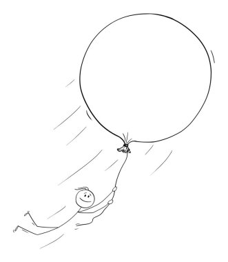 Vector Cartoon Illustration of Man or Businessman Holding Balloon and Flying Free, Creativity, Freedom or Dreams Concept