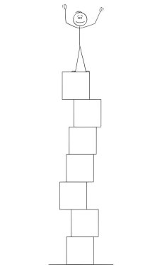 Vector Cartoon Illustration of Man or Businessman Celebrating Success on the Top of Pile of Boxes