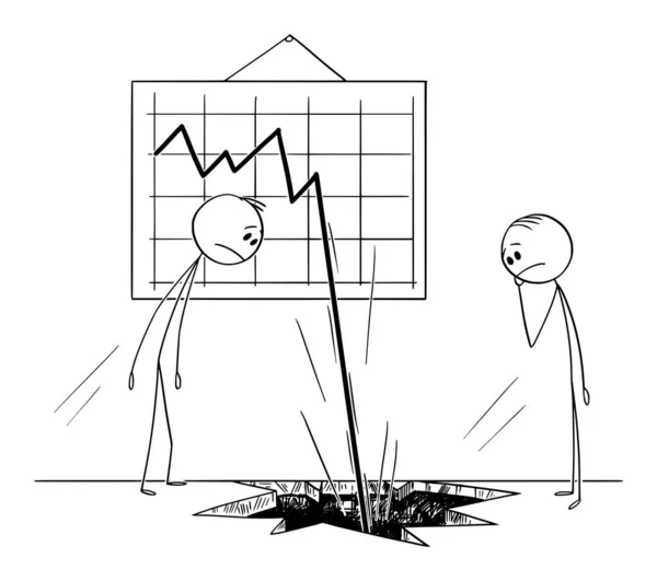 Vektor-Cartoon-Illustration von zwei Geschäftsleuten, die dabei zusehen, wie ein Geschäftsdiagramm oder eine Grafik herunterfällt und ein Loch in den Boden schlägt — Stockvektor
