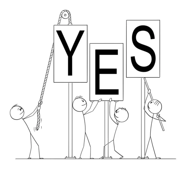 Векторная карикатура группы людей или бизнесменов, устанавливающих знак "Да" — стоковый вектор