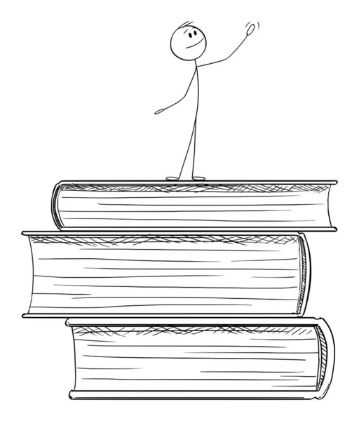 Vector Cartoon Illustration of Man Standing on Pile of Big Books and Praising the Education and Knowledge — Stok Vektör