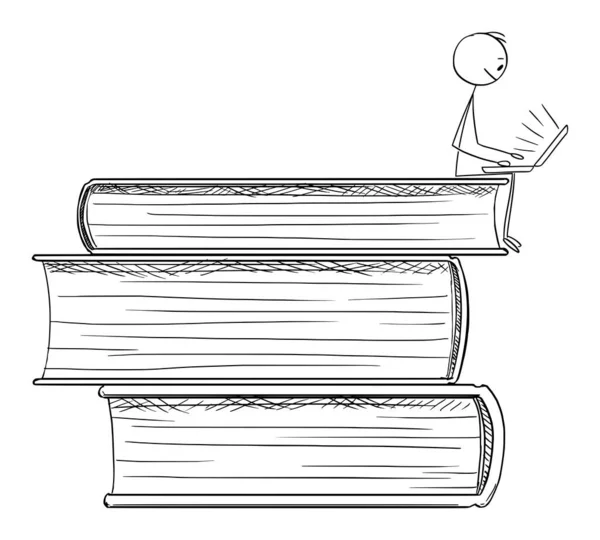 Vector Cartoon Illustration of Man Sitting on Pile of Big Books and Studying and Working Online on Internet on Computer. — Stok Vektör