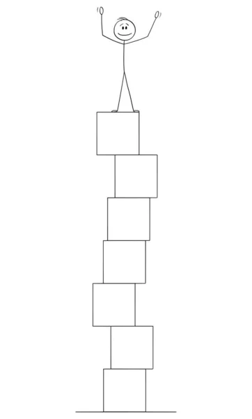 Ilustración de dibujos animados vectoriales del hombre o del hombre de negocios celebrando el éxito en la parte superior de la pila de cajas — Archivo Imágenes Vectoriales