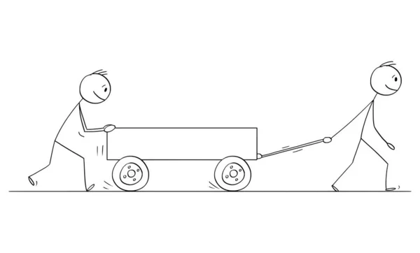 Vector Cartoon Illustration of Two Men or Businessmen Pushing Empty Pushcart or Handcart or Cart — Διανυσματικό Αρχείο