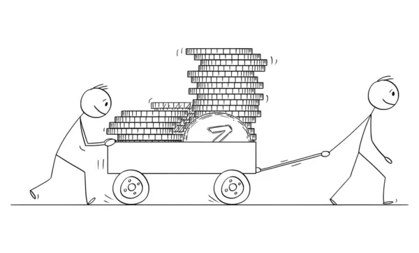 Illustrazione del fumetto vettoriale di due uomini o uomini d'affari che spingono il carrello o il carrello a mano o il carrello caricato dalle monete — Vettoriale Stock