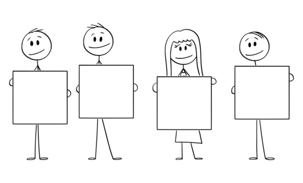 Illustrazione dei cartoni animati vettoriali di quattro persone o uomini d'affari, uomini d'affari e donne d'affari, con segni vuoti — Vettoriale Stock