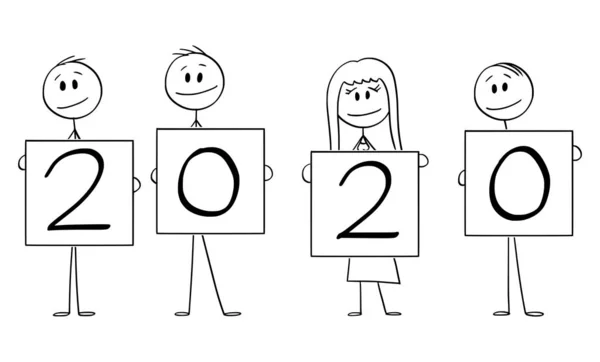 Wektor Cartoon Ilustracja czterech osób lub przedsiębiorców, Biznesmen i Bizneswoman, Holding Year 2020 Znaki — Wektor stockowy