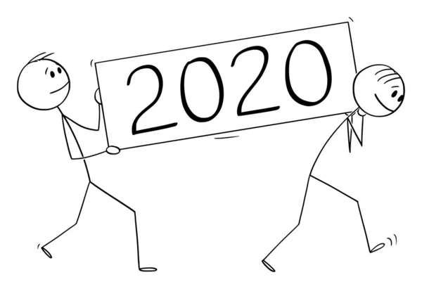 Wektor Cartoon Ilustracja dwóch mężczyzn lub przedsiębiorców niosących rok 2020 Znak — Wektor stockowy