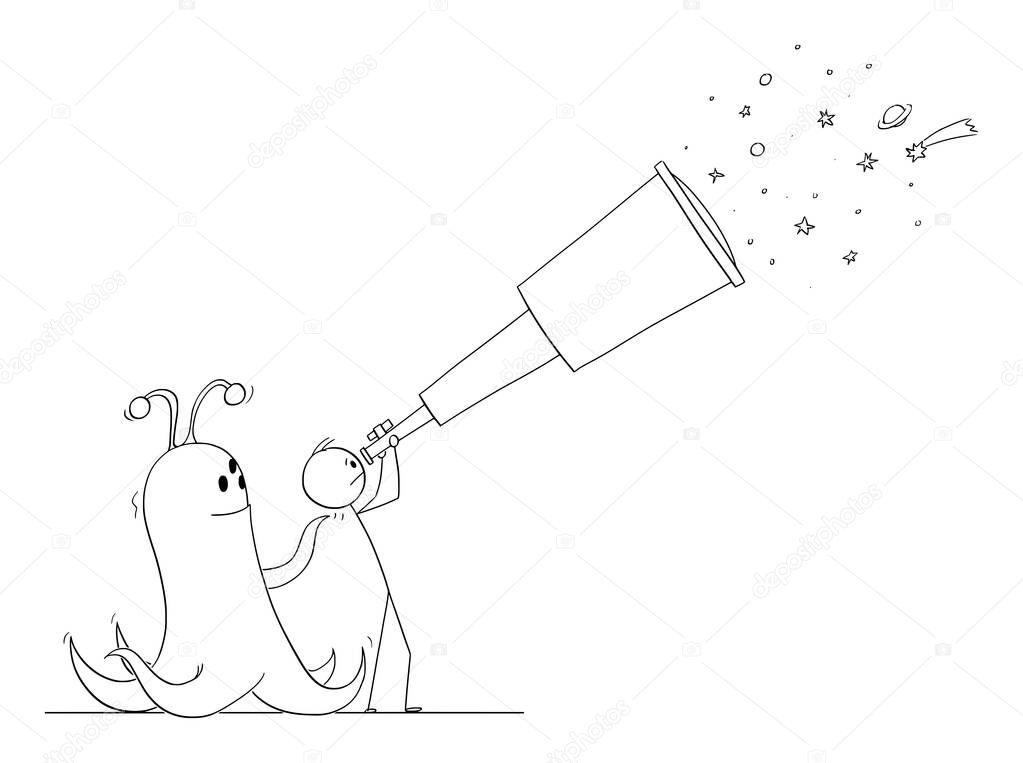 Vector Cartoon Illustration of Astronomer or Man with Telescope Watching Space, Looking for Extraterrestrial Life while Alien is Standing behind Him