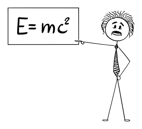 Ilustração dos desenhos animados vetoriais do cientista Albert Einstein Apontando para o Sinal com E Igual a mc2 Equação da Teoria da Relatividade Especial — Vetor de Stock