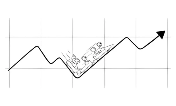 Illustration vectorielle de dessins animés d'hommes d'affaires chevauchant sur un graphique ou une carte sur montagnes russes — Image vectorielle