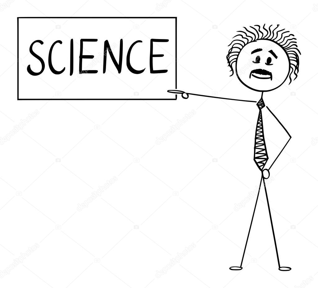 Vector Cartoon Illustration of Scientist Albert Einstein Pointing at Science Sign